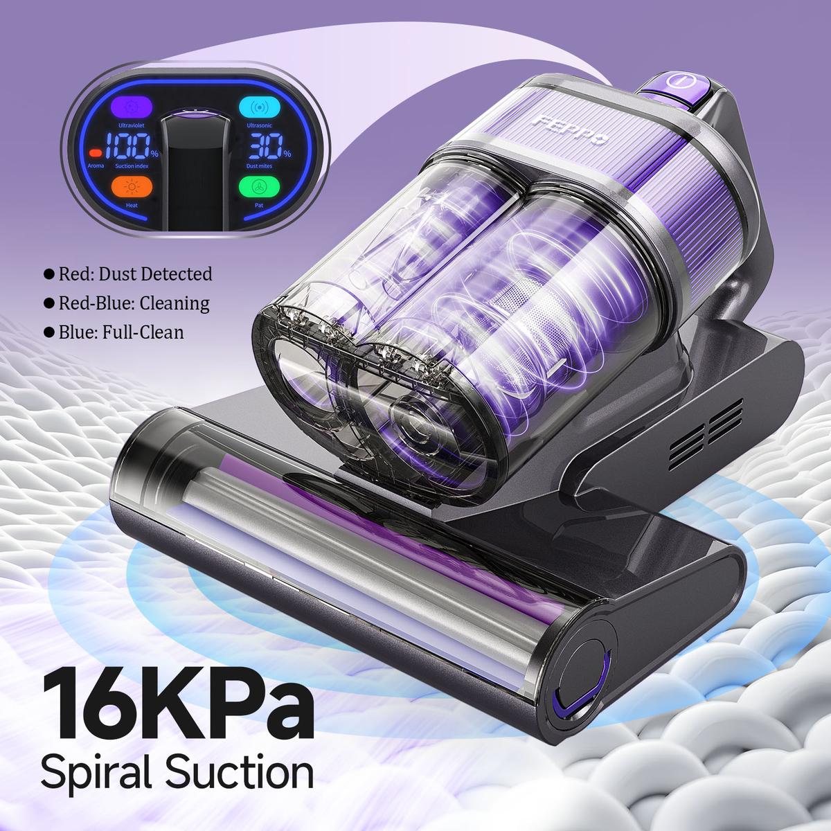 FEPPO Upgraded Mattress Vacuum Cleaner with UV-C Light & 149℉ Hot Air & Aroma Tablet & LED Display, 4-in-1 Bed Vacuum for Dust Mites Removal, 40,000/min Tapping, 16KPa Powerful Suction, HEPA Filter Handheld Vacuum for Bed Couch Sofa Carpet