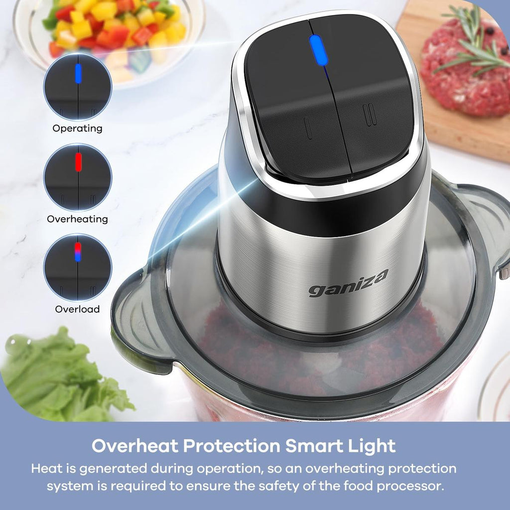 New Year gift Food Processor with 8 Cup Glass Bowls & 8 Cup Stainless Steel 2-Speed Food Chopper Meat Grinder , Upgraded Button & Smart Overheat Protection Light - Includes Clean Brush, 2 Sets of Blades
