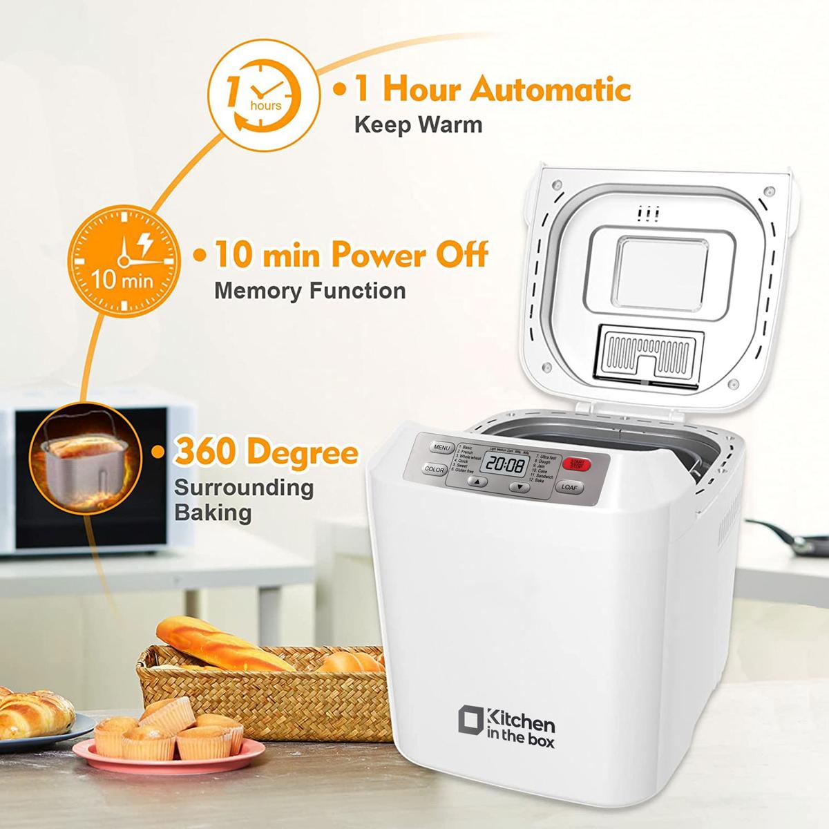 Automatic Bread Maker, Up to 2LB, 12-in-1 Bread Machine with Auto Fruit Nut Dispenser, 13 H Timer, 1 H Keep Warm, Gluten-Free, 3 Crust Colors