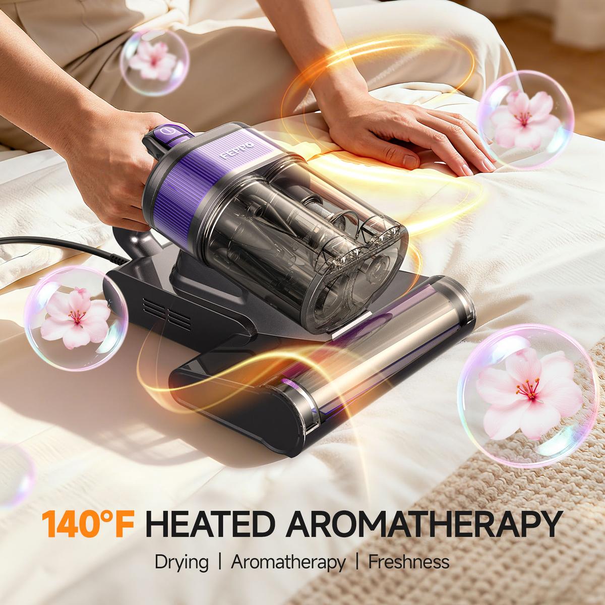 FEPPO Upgraded Mattress Vacuum Cleaner with UV-C Light & 149℉ Hot Air & Aroma Tablet & LED Display, 4-in-1 Bed Vacuum for Dust Mites Removal, 40,000/min Tapping, 16KPa Powerful Suction, HEPA Filter Handheld Vacuum for Bed Couch Sofa Carpet
