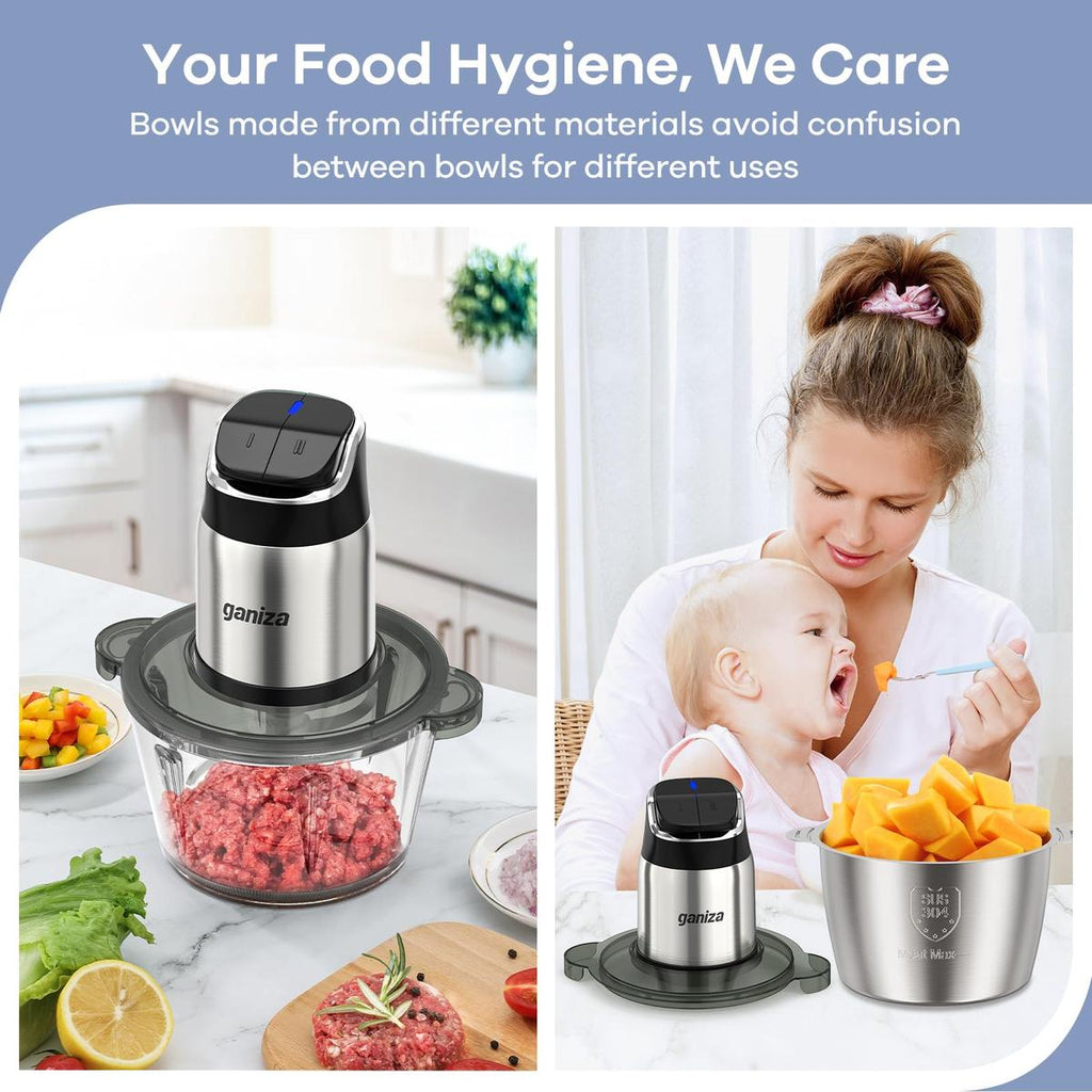 New Year gift Food Processor with 8 Cup Glass Bowls & 8 Cup Stainless Steel 2-Speed Food Chopper Meat Grinder , Upgraded Button & Smart Overheat Protection Light - Includes Clean Brush, 2 Sets of Blades