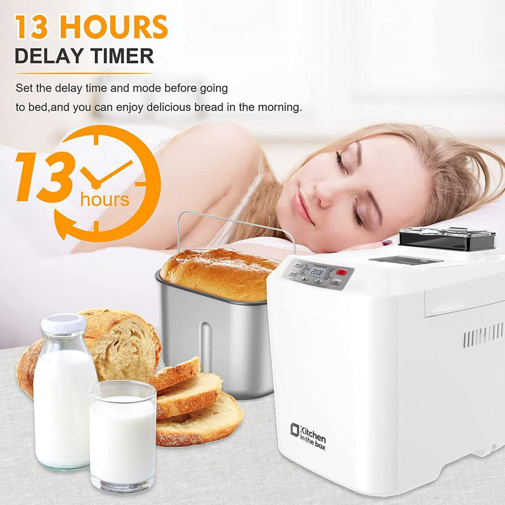 Automatic Bread Maker, Up to 2LB, 12-in-1 Bread Machine with Auto Fruit Nut Dispenser, 13 H Timer, 1 H Keep Warm, Gluten-Free, 3 Crust Colors