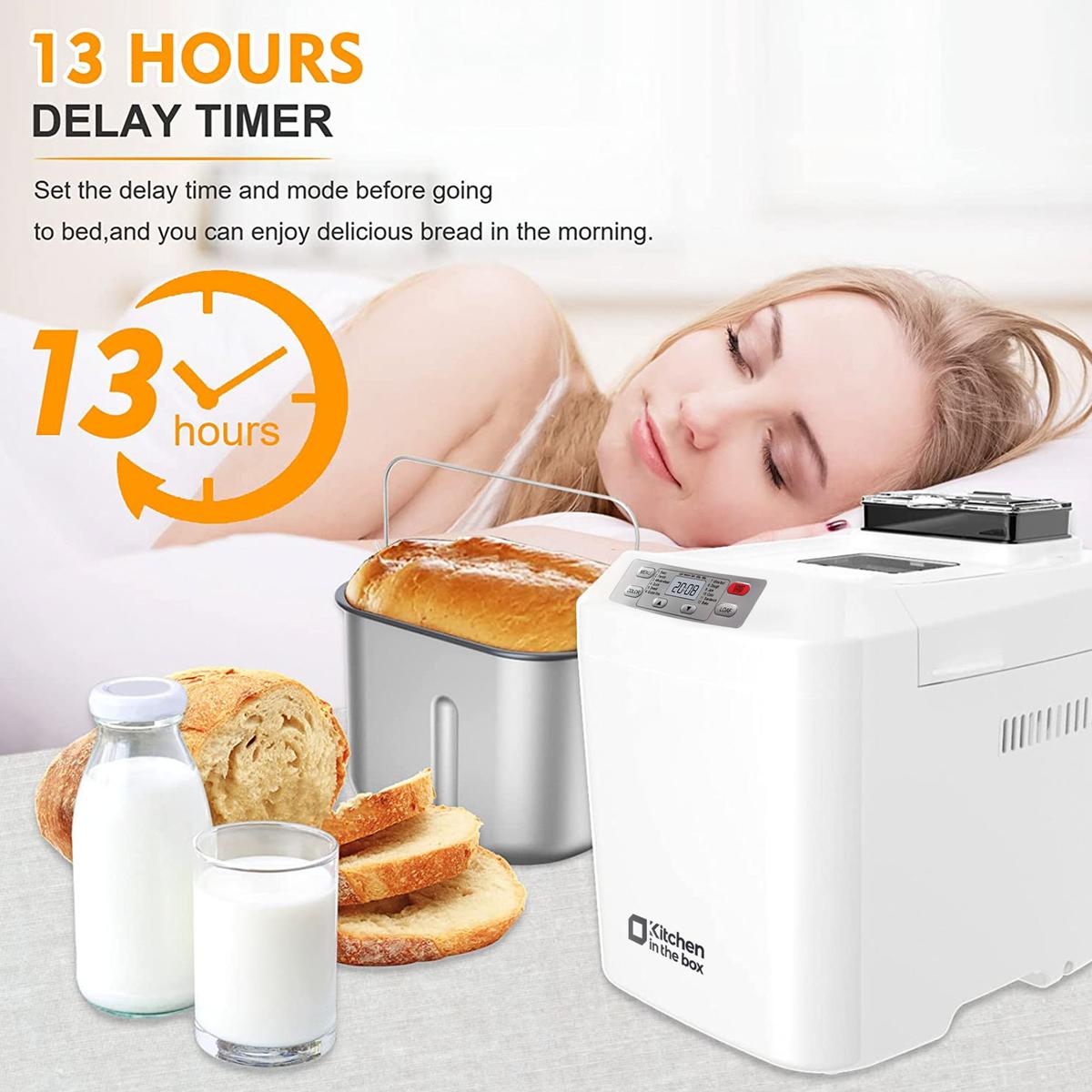 Automatic Bread Maker, Up to 2LB, 12-in-1 Bread Machine with Auto Fruit Nut Dispenser, 13 H Timer, 1 H Keep Warm, Gluten-Free, 3 Crust Colors