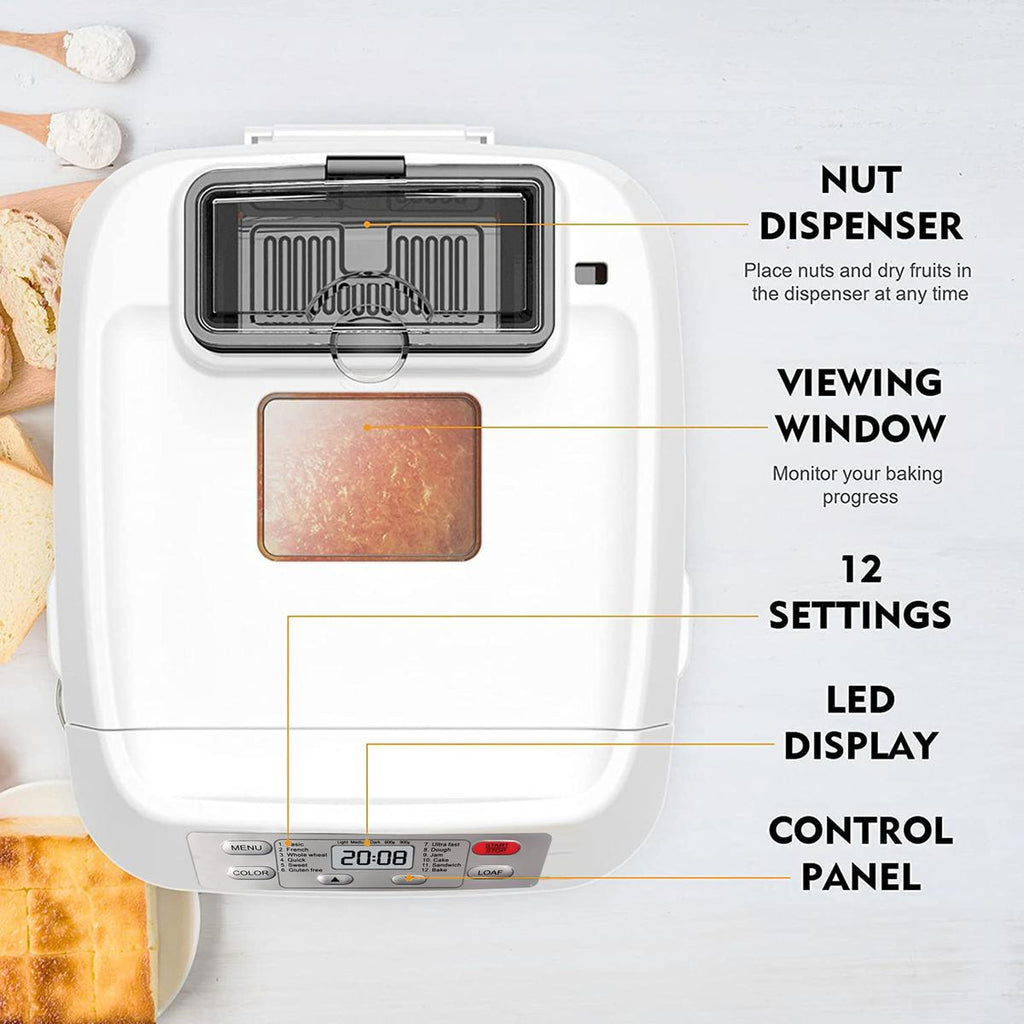Automatic Bread Maker, Up to 2LB, 12-in-1 Bread Machine with Auto Fruit Nut Dispenser, 13 H Timer, 1 H Keep Warm, Gluten-Free, 3 Crust Colors