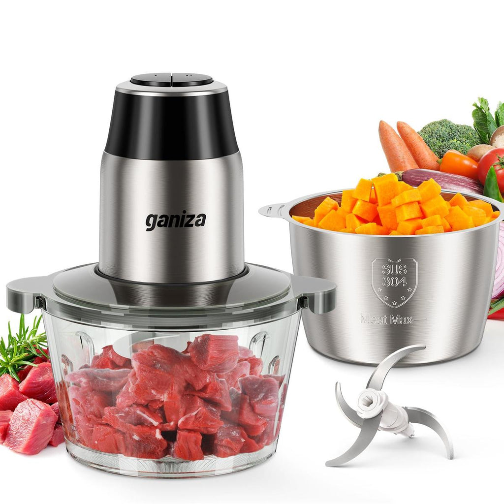 New Year gift Food Processor with 8 Cup Glass Bowls & 8 Cup Stainless Steel 2-Speed Food Chopper Meat Grinder , Upgraded Button & Smart Overheat Protection Light - Includes Clean Brush, 2 Sets of Blades