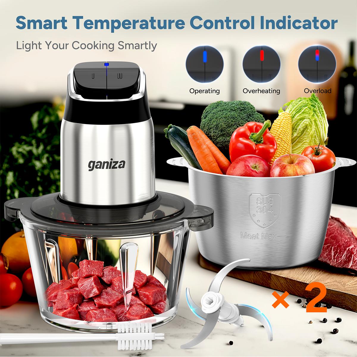 New Year gift Food Processor with 8 Cup Glass Bowls & 8 Cup Stainless Steel 2-Speed Food Chopper Meat Grinder , Upgraded Button & Smart Overheat Protection Light - Includes Clean Brush, 2 Sets of Blades