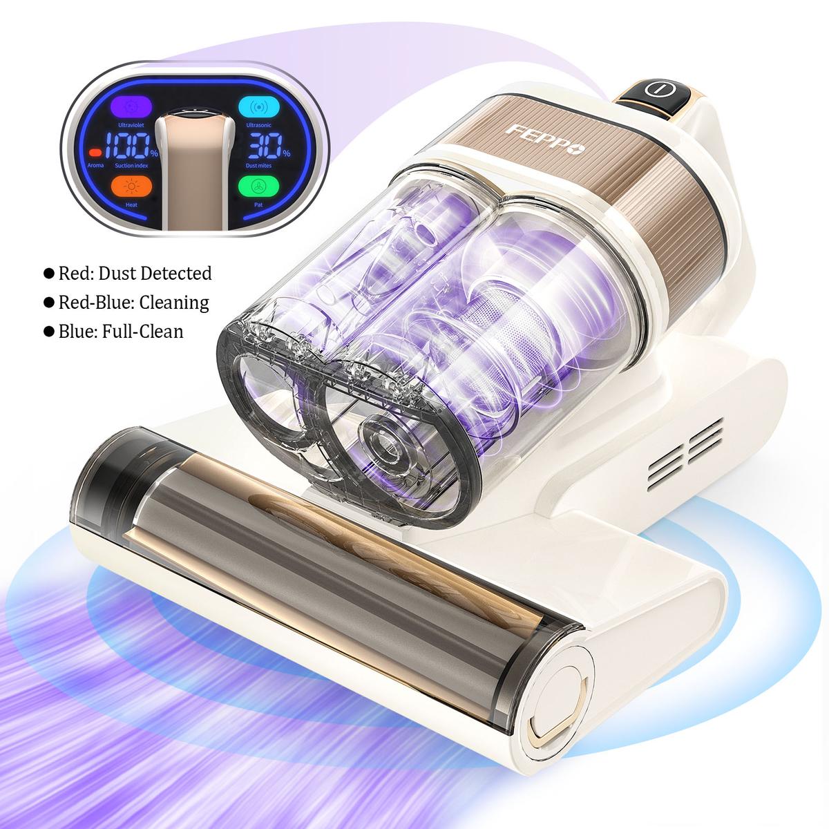 FEPPO Upgraded Mattress Vacuum Cleaner with UV-C Light & 149℉ Hot Air & Aroma Tablet & LED Display, 4-in-1 Bed Vacuum for Dust Mites Removal, 40,000/min Tapping, 16KPa Powerful Suction, HEPA Filter Handheld Vacuum for Bed Couch Sofa Carpet
